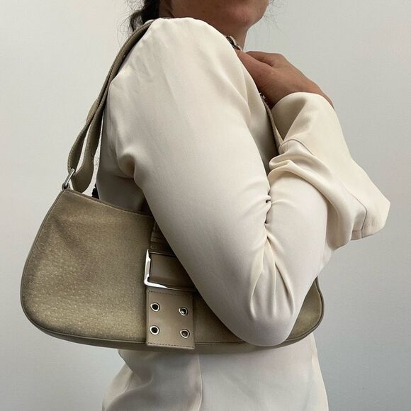 Vintage Y2K Express Beige Suede Canvas Strap East West Underarm Shoulder Bag - Picture 3 of 16